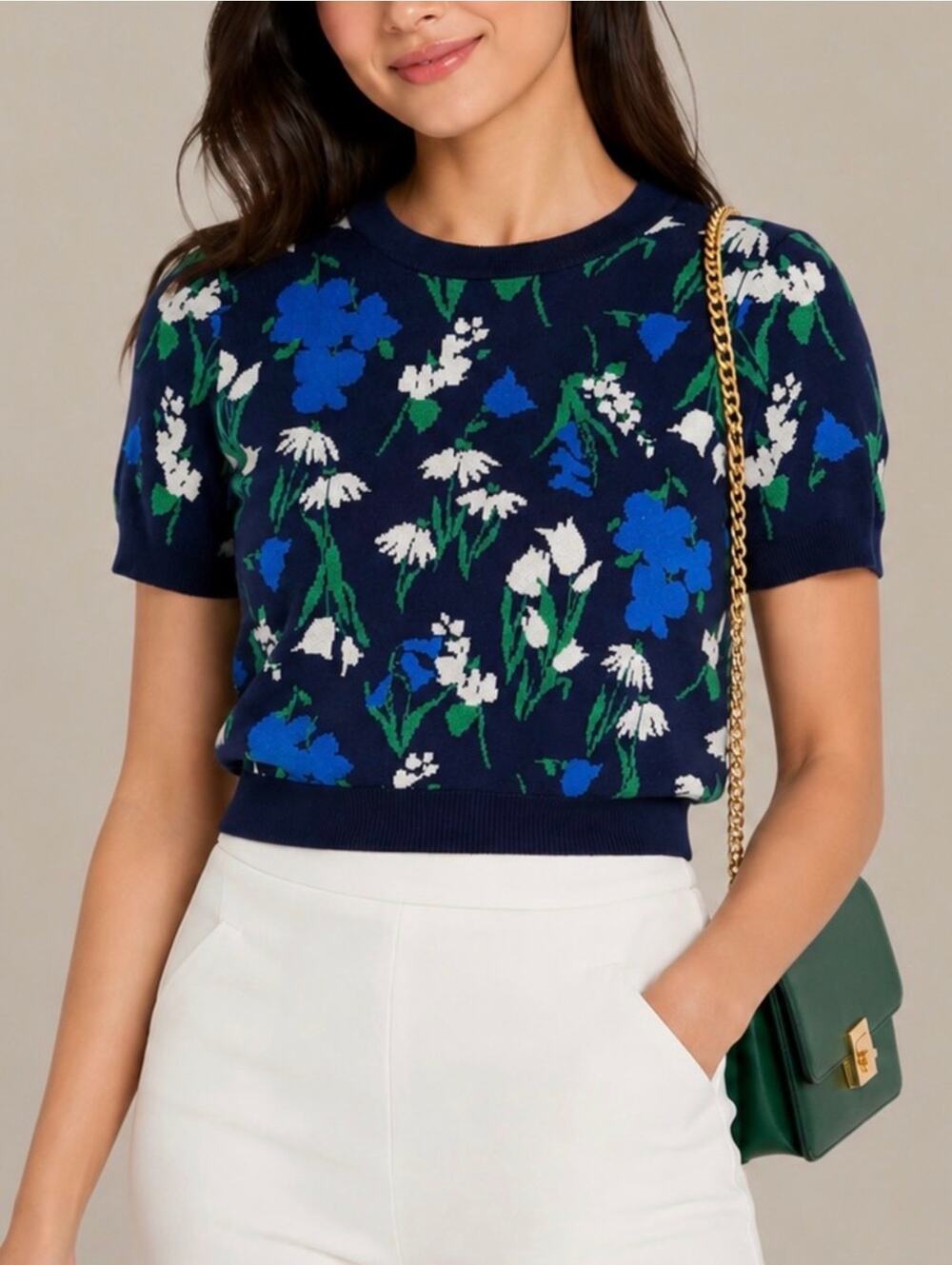 KATE SPADE x TARGET Mixed Floral Short Sleeve Crewneck Sweater Blue Green